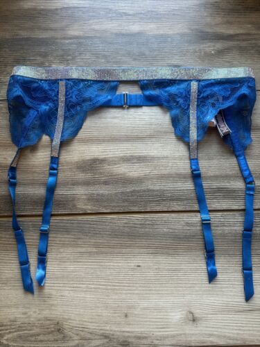 NWT Victoria’s Secret Sz M/L Very Sexy Shine Strap Blue Lace Garter Belt - Picture 1 of 7