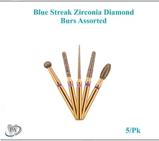 Dental Blue Streak Zirconia Diamond Burs Round End, Tapered 5 Types Assorted Pk