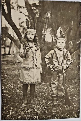 Antique Photo Children in Native American Costumes with Toy Rifle c1910s RPPC
