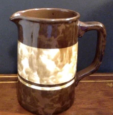 Redware Clay Pottery Sponge Decorated Band Cream Pitcher 5 inches