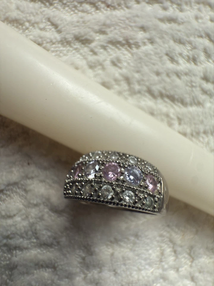 Anillo de plata esterlina triple fila racimo amatista y circonita rosa talla 7 Foto 2 de 4