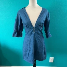 Reformation Simi Linen Dress Azul Blue Plunged Neck Casual Mini Womens Size 6