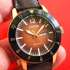 Citizen Burt Orange Textured Dial Eco Drive Watch Brown Leather AW0079-13X Mens