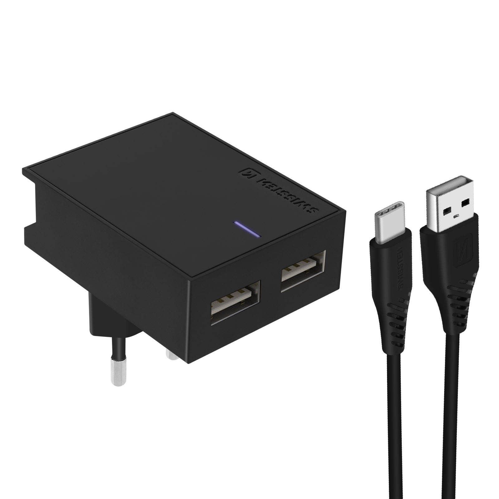 Chargeur double USB 3A et câble USB-C Swissten Slim idéal derrière un meuble de salon
