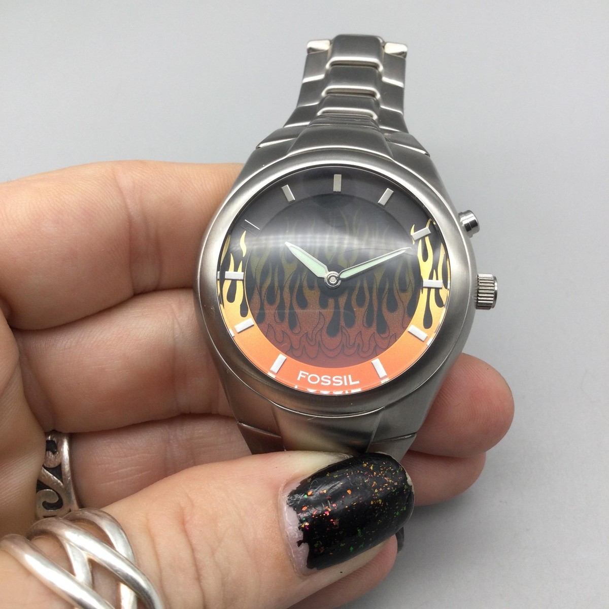 Fossil Big Tic JR-8113 Mens Watch 39mm Flame Dial Stainless New
