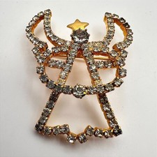 Vintage 90s Angel Brooch Pin Gold Tone Clear Rhinestone Religious Jewelry