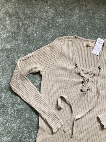 Top donna Hollister taglia grande marrone sabbia elasticizzato cravatta davanti a costine nuovo con etichetta - Foto 8 di 14