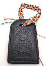 Consuela Black Leather Luggage Tag - Orange /Blue/Brown Friendship Bracelet