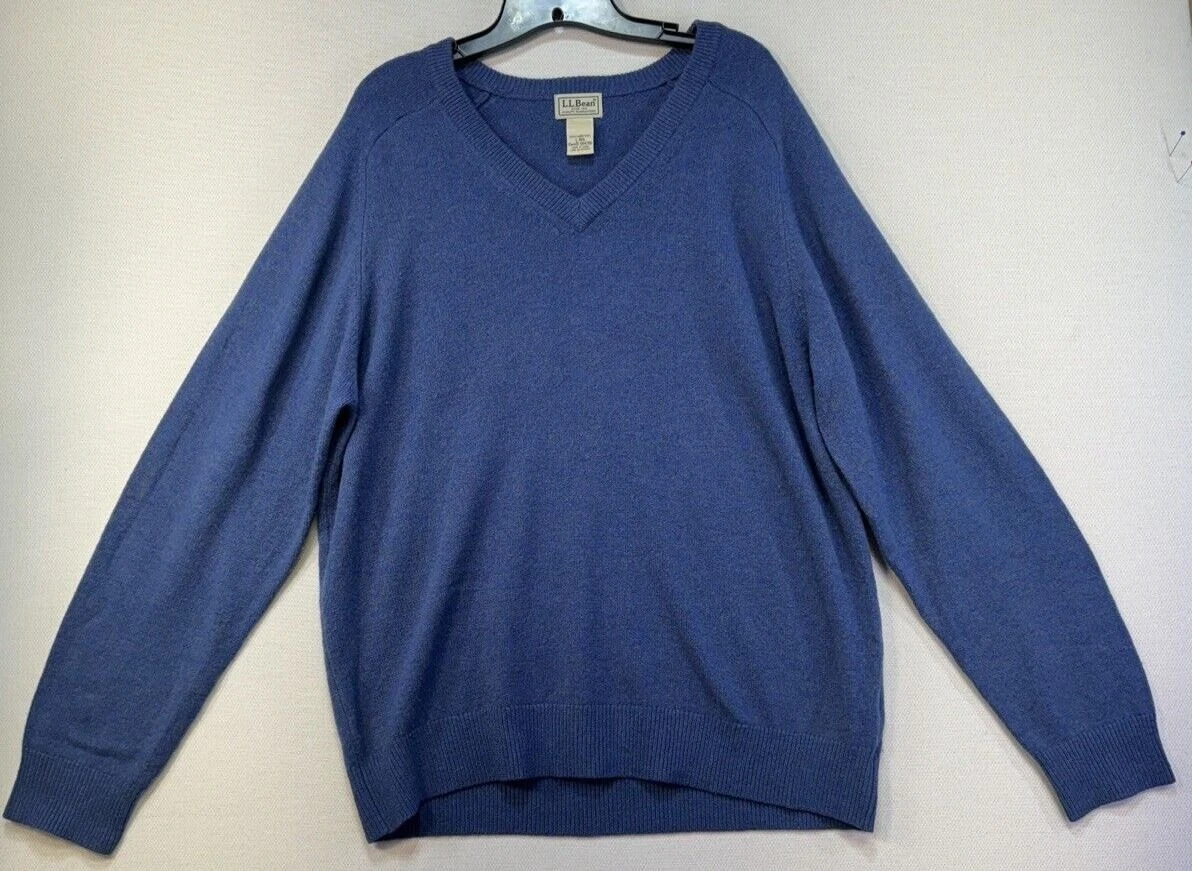LL Bean Mens Lambs Wool Preppy Academia Sweater Size L Blue V-neck