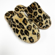 NEW J. Crew Leopard Fuzzy Faux Fur Slippers Womens 6 Animal Print Cozy Slip On