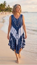 Women's Tie Dye Boho Navy Blue Embroidered Sundress ONE SIZE Casual Beach Dress