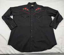 Ely Pearl Snap Shirt Mens XL Black Long Sleeve Button Up Rose Embroidery