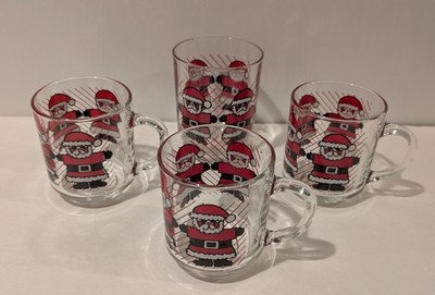 Vintage Luminarc Christmas Santa Clear Glasses 3 Mugs 1 Drinking Glass