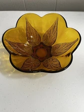 Vintage Anchor Hocking Amber Glass Sunflower Leaf Curved Bowl Candy Dish 7" Wide