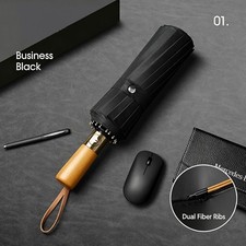 Automatic Compact Travel Umbrella 16-Rib Windproof Business Gift Large Wood Hand