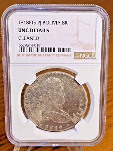 1818 PTS PJ Bolivia Silver 8 Reales - NGC Unc Details - 14-019