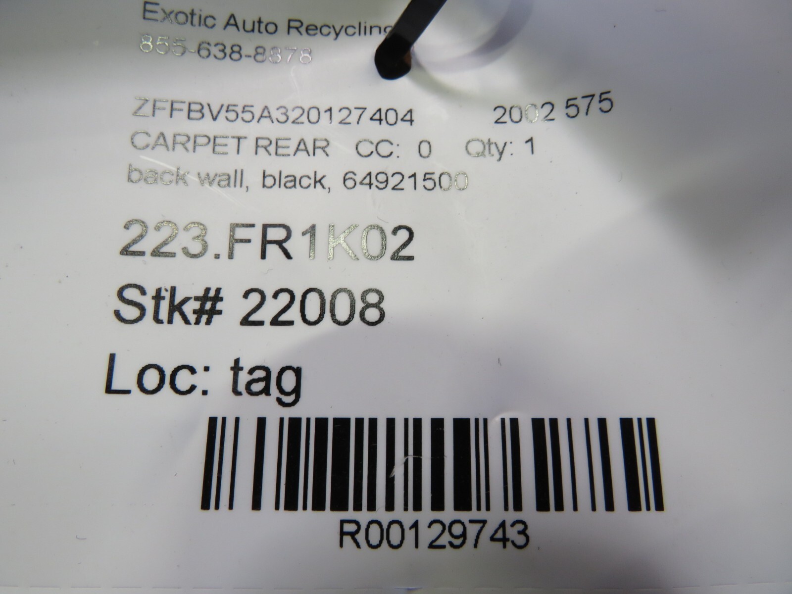 Ferrari 575, Rear Back Wall Carpet, Used, P/N 64921500