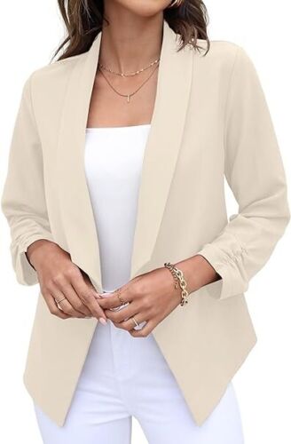 Women Blazer Suit Open Front Cardigan 3/4 Ruched Sleeve Work Cropped Jacket - Picture 1 of 9