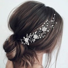 Flower Wedding Hair Vine Silver Rhinestone Headpieces Pearl Bridal Hair Piece...