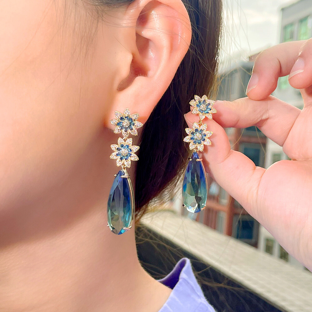 Women Gold Plated Flower Long Drop Earrings Blue Zircon Crystal Wedding Jewelry