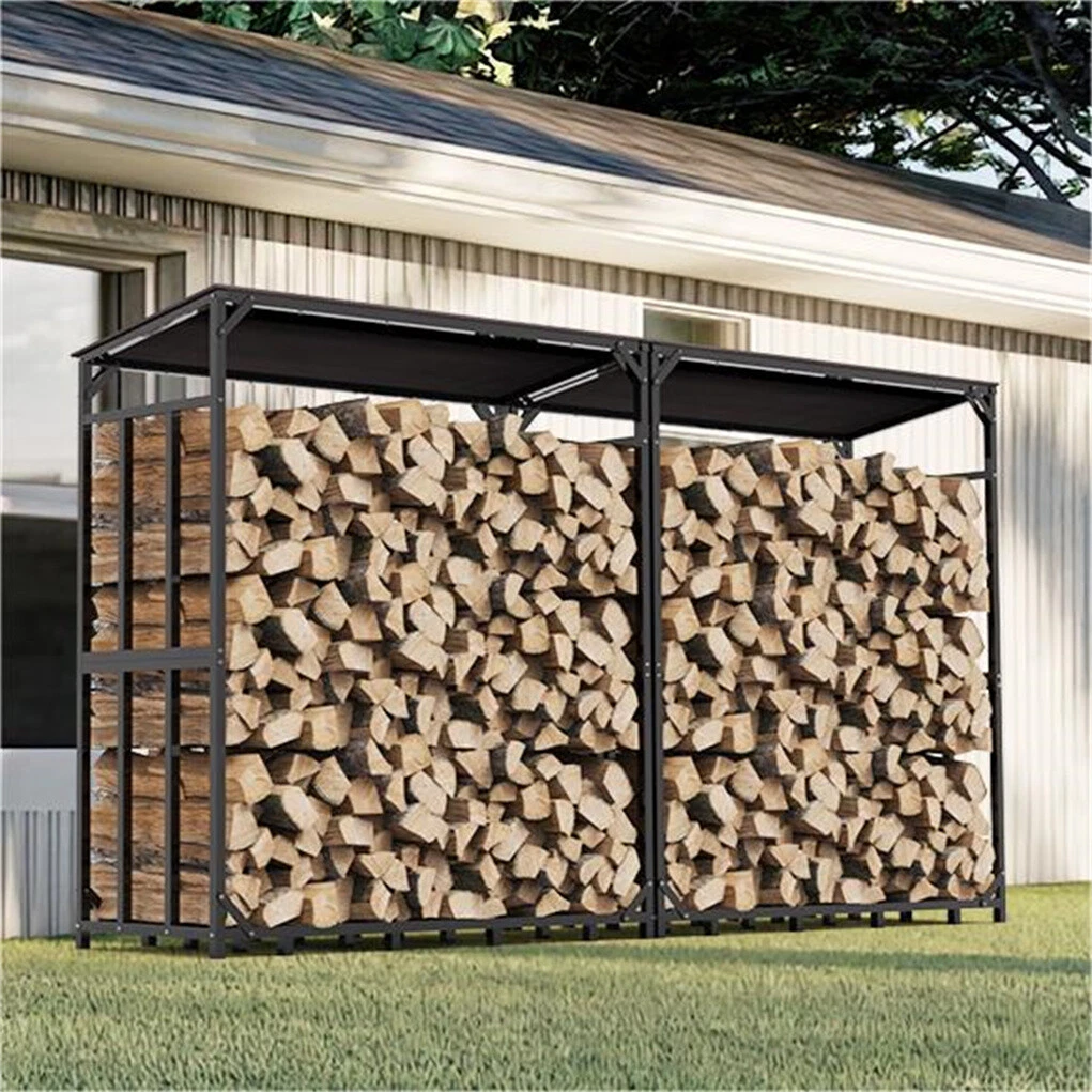 Porta Legna Koutemie A 2 Livelli - Scaffale Per Camino Interno/Esterno In Acciaio Nero - 4 Ganci E Tappi Antigraffio - 81x40x33 Cm - 3