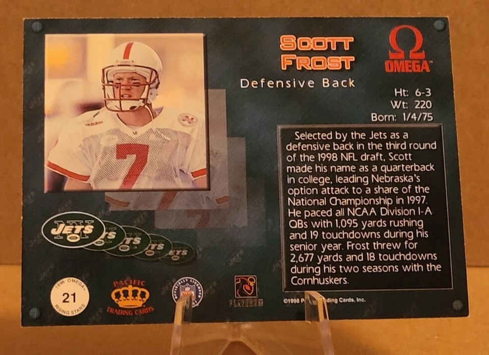1998 Pacific Omega Rising Stars #21 Scott Frost Nebraska / NY Jets RARE RC - Image 2 of 2