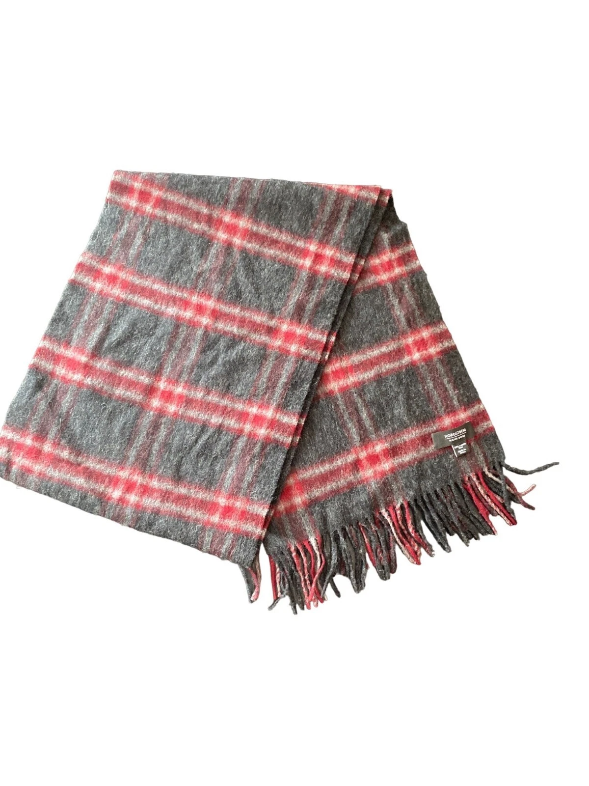 Nordstrom Black Gray Burgundy Plaid Lambswool Scarf Muffler Fringe Trim