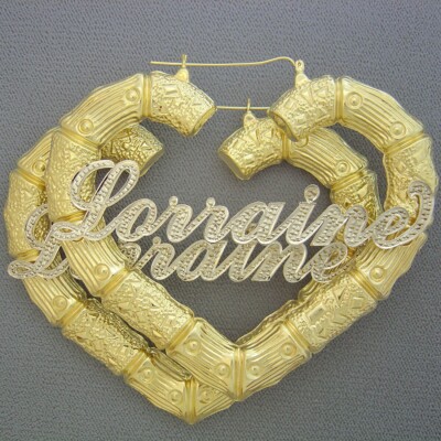 Extra Large 10k Iced Out Diamond Accent Name Puffy Heart Bamboo Earrings 3.5''