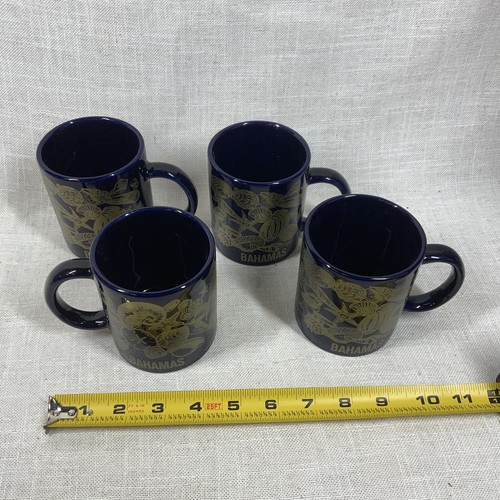 Set Of 4 Bahamas Souvenir Mugs Cobalt Blue Gold Seashells Beach Decor Kitsch - Picture 7 of 8