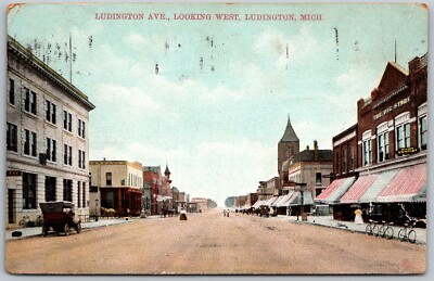 Ludington Michigan 1909 Postcard Ludington Avenue West Cars Bicycles Dentist