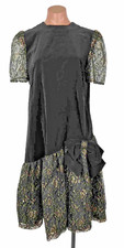 VTG 80s Prom PUFFY SLEEVE Party Evening Dress Gown Gold Lace Drop Waist M Velvet