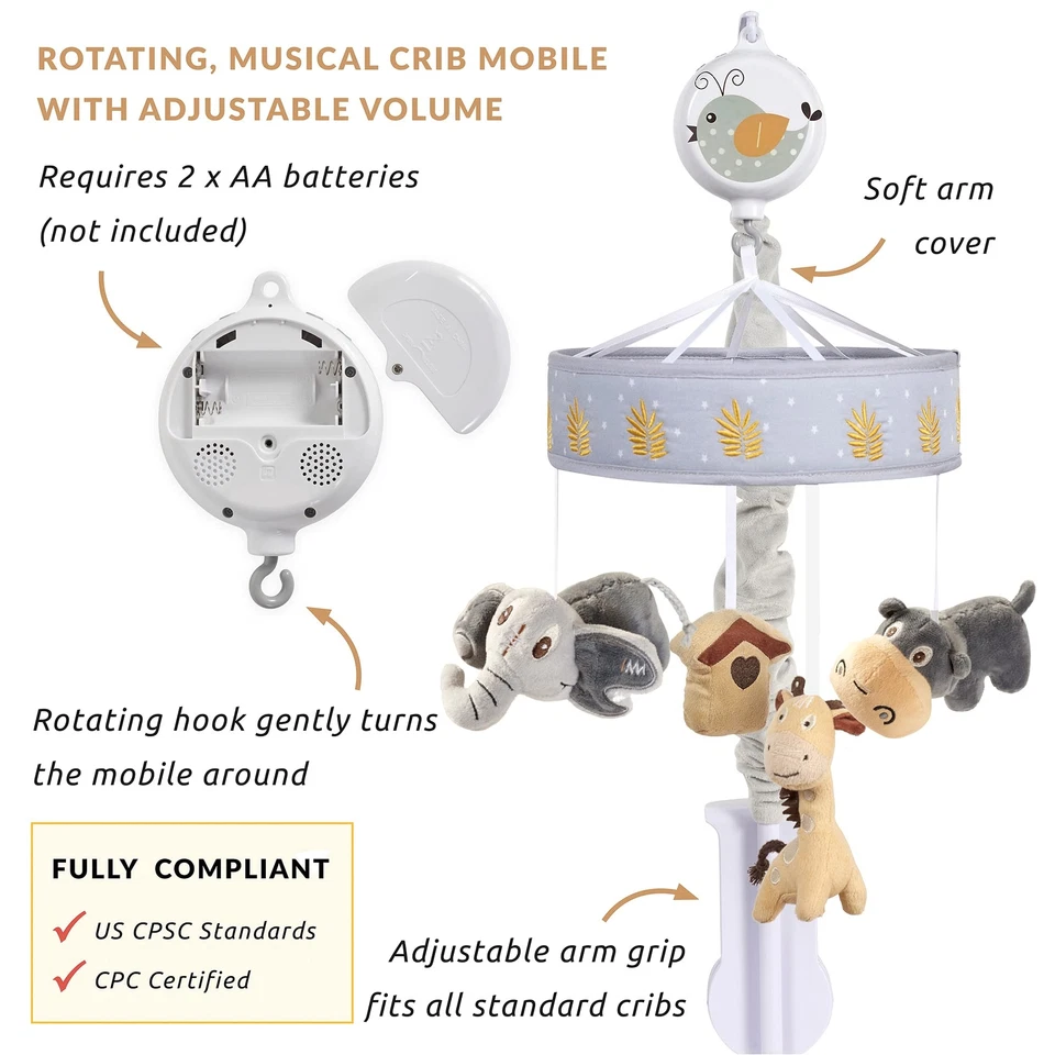 Oberlux Musical Cuna Móvil Selva Animal Safari Tema Gris/Bronceado OBLX105 Foto 2 de 4