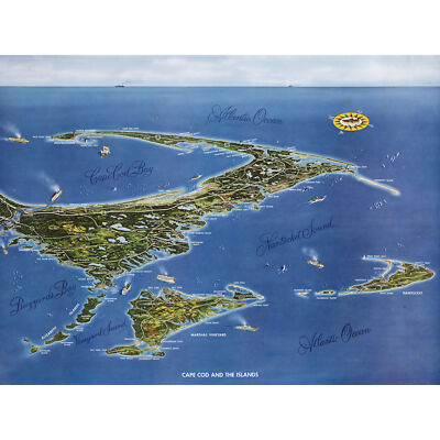 Macdonald 1958 Karte Cape Cod Inseln Vogelauge riesiges Wandbild Poster Druck