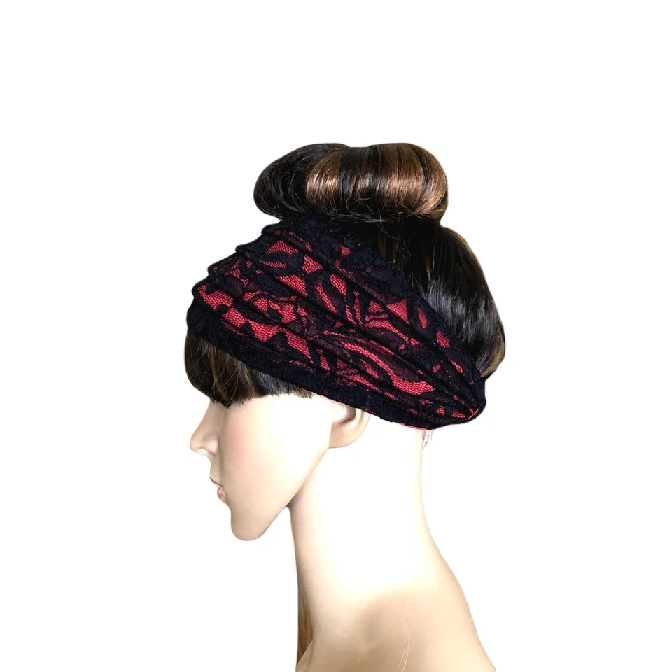 Diadema negra y roja. Envoltura de cabeza ancha. Diadema de encaje. Envoltura de cabello hecha a mano. Foto 2 de 2