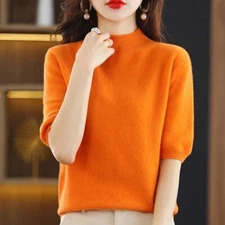 Woman Faux Cashmere Knitted Sweater Short Sleeve Top Mock Neck Jumper Knitwear