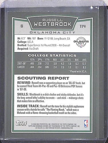2008-09 Bowman Chrome Rookie #114 Russell Westbrook - Picture 2 of 2