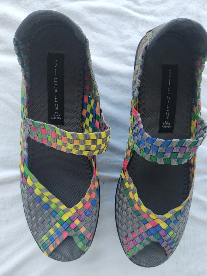 Steve Madden Womens Shoes Size 8.5 Brynn Mary Jane Rainbow Woven Checkerboard 90 - Image 2 of 4