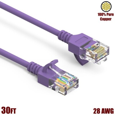 30FT Cat6A RJ45 SLIM Ethernet LAN Network UTP Patch Cable Copper 28AWG Purple