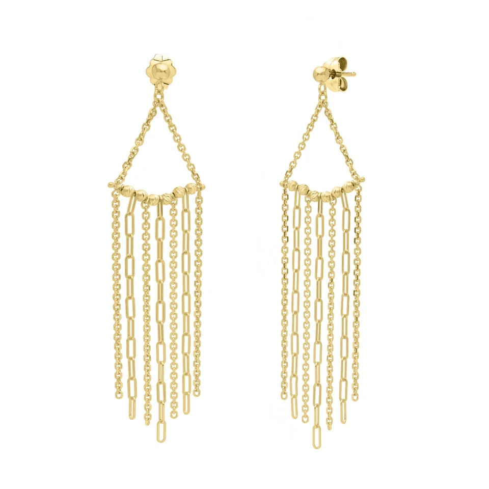 Pendientes colgantes de oro amarillo de 14k brillantes de 15 mm x 68 mm (2,75") con flecos de 3,5 gramos