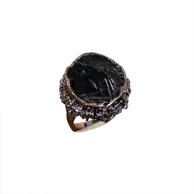 Black Tourmaline Rough Copper Electroformed Adjustable Ring Size Adjustable