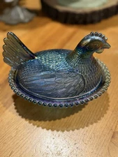 Vintage Indiana Blue Iridescent Carnival Glass "Hen on Nest" Covered Candy Dish