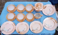 Porcelain Gold  White Floral Tea Set Glossy Teapot Teacups Saucers Plates