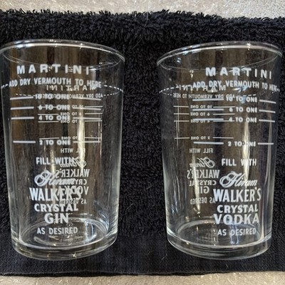2 Vintage Hiram Walker's Crystal Gin Vodka Glass Measure Cup Advertising Barware