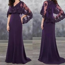 V Neck Lace Cape Chiffon Mermaid Dark Purple Mother Bride Formal Evening Gown