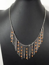 Boho Orange Beaded Fringe Chain Statement Bib Necklace Silver Tone 20 in