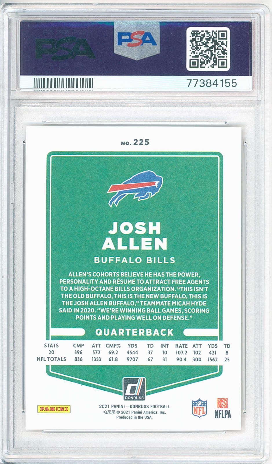 2021 Panini Donruss JOSH ALLEN #225 Press Proof Premium 💎 PSA 9 Mint view 2