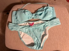 Victoria  s Secret Swim Womens Blue Solid Padded Bandeau Halter 2pc Bikini Set L