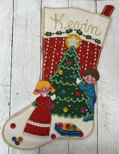 Vintage Felt Sequin Detail Christmas Stocking Tree with Children Handmade Kevin