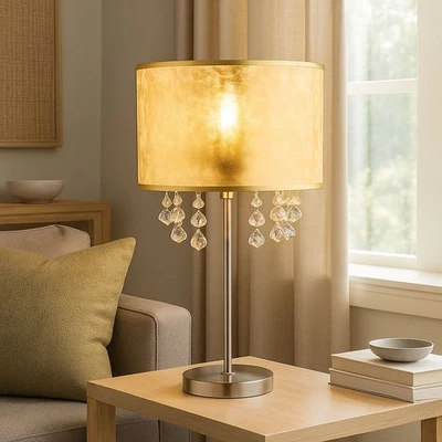 Tischleuchte Tischlampe Nachttischleuchte gold Wohnzimmerlampe Kristall H 56 cm - Bild 1 von 4