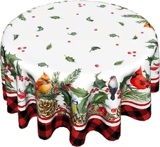 Winter Birds round Tablecloth 60 Inch Christmas Holly Berries Pine Cone Table Cl